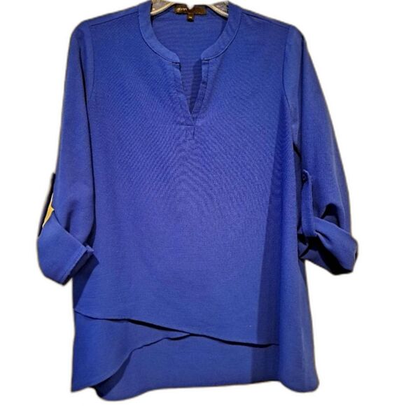 Gibson Rroyal blue blouse top, long sleeves or 3/4 sleeves, asymmetrical hem, XS - Picture 1 of 7